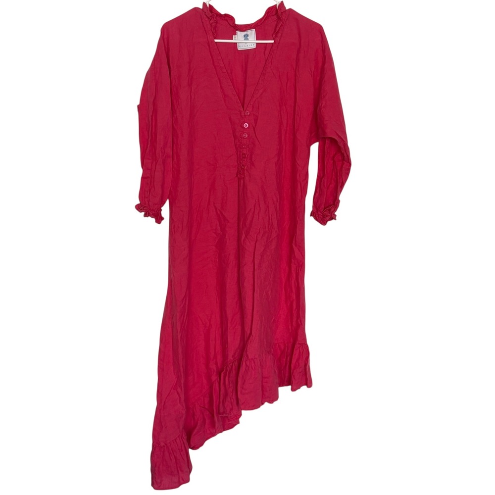 CJ LAING Pink Linen Ruffle V Neck Midi Dress Asymmetrical Hem Size L - Picture 2 of 9